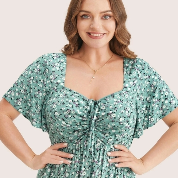 Ditsy Floral Drawstring Ruched Pocket Ruffle Tiered Teal Dress - Picture 2 of 10